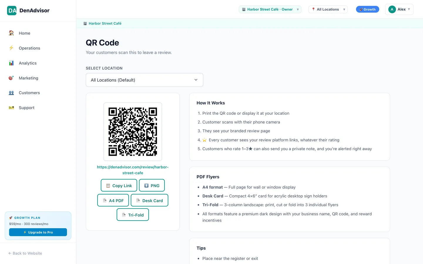 The QR code page in the DenAdvisor dashboard, with a QR code and a download button for the PDF table flyer
