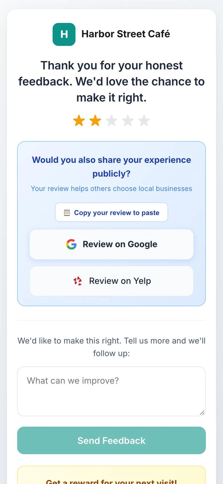 DenAdvisor feedback page on a phone after a 2-star rating, showing the Google review link and an optional private feedback form