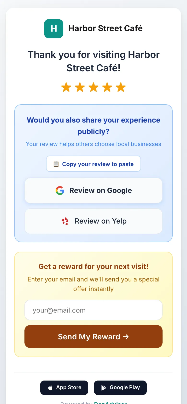 DenAdvisor thank-you screen on a phone showing buttons to review the business on Google and Yelp