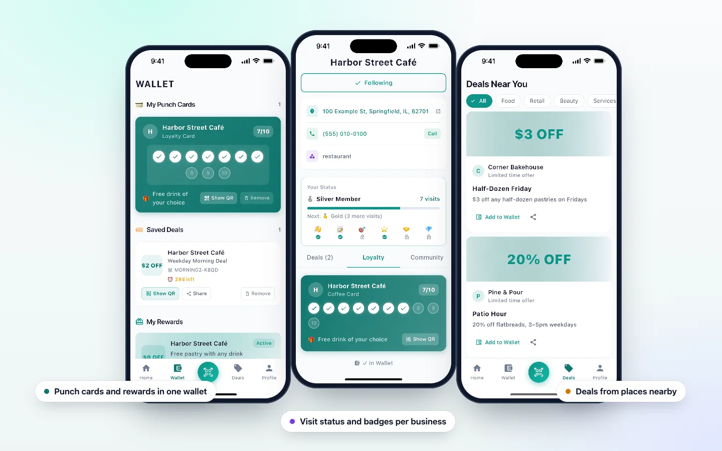 The DenAdvisor customer app: a wallet with a punch card and rewards, a business page showing Silver Member status and badges, and nearby deals