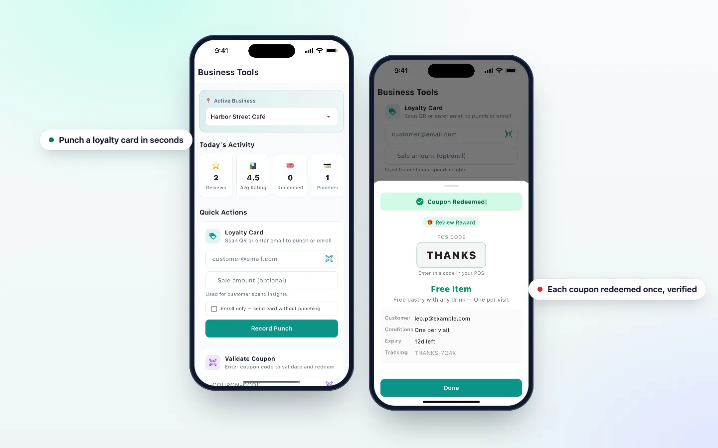 DenAdvisor staff mode: Business Tools with today's activity and a punch form, and a coupon marked redeemed